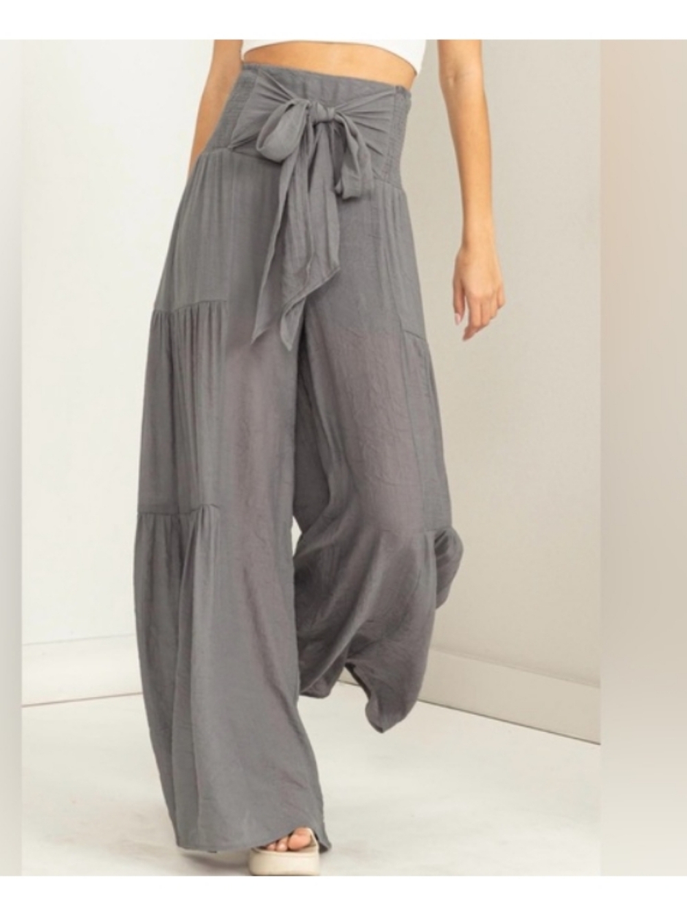 NWOT Hyfve High Waisted Tiered Flare Tan Color Pants. Size: Medium - Picture 2 of 8
